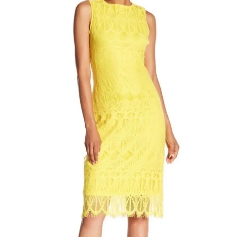 NWT Sharagano Yellow Lace Midi Dress size 14.